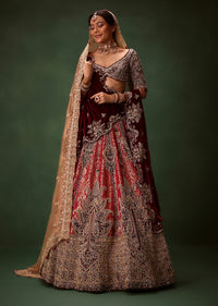 Maroon Brocade Lehenga Dupatta With Cross Body Blouse