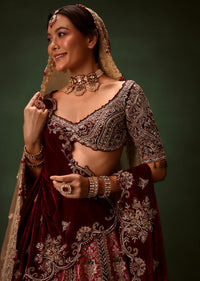 Maroon Brocade Lehenga Dupatta With Cross Body Blouse