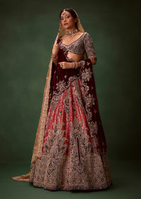 Maroon Brocade Lehenga Dupatta With Cross Body Blouse