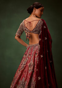 Maroon Brocade Lehenga Dupatta With Cross Body Blouse