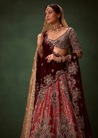 Maroon Brocade Lehenga Dupatta With Cross Body Blouse