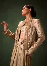 Gold Cowl Dhoti Drape Skirt With Heavy Embroidered Jacket