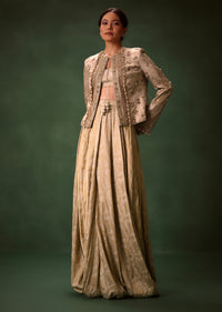 Gold Cowl Dhoti Drape Skirt With Heavy Embroidered Jacket