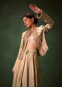 Gold Cowl Dhoti Drape Skirt With Heavy Embroidered Jacket