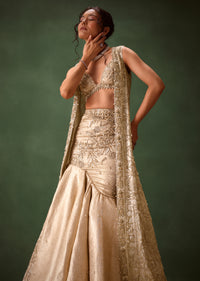 Gold Banarasi Embroidered Long Jacket With Sleeveless Blouse And Fishcut Lehenga