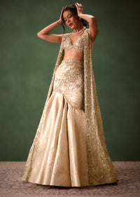 Gold Banarasi Embroidered Long Jacket With Sleeveless Blouse And Fishcut Lehenga