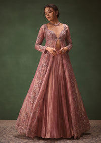 Lilac Embroidered Long Jacket With Ruched Lehenga