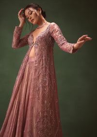 Lilac Embroidered Long Jacket With Ruched Lehenga