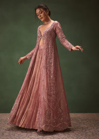 Lilac Embroidered Long Jacket With Ruched Lehenga