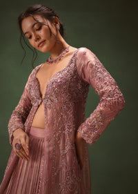 Lilac Embroidered Long Jacket With Ruched Lehenga