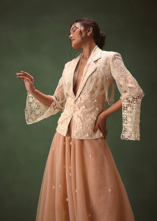 Peach Banarasi Embroidered Jacket With Palazzo And Suspender