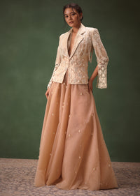 Peach Banarasi Embroidered Jacket With Palazzo And Suspender