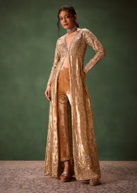 Dusty Brown Embroidered Long Jacket With Cigarette Pant