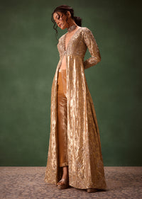 Dusty Brown Embroidered Long Jacket With Cigarette Pant