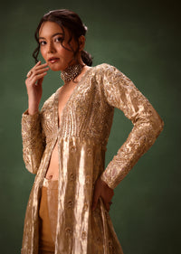 Dusty Brown Embroidered Long Jacket With Cigarette Pant