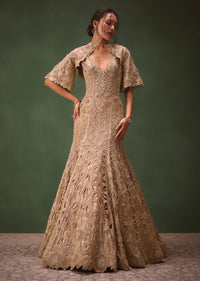 Beige Heavy Embroidered Gown With Jacket