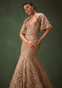 Beige Heavy Embroidered Gown With Jacket