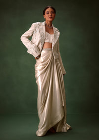 Silver Brocade Floral Embroidered Jacket With Drape Skirt Suit