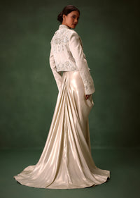 Silver Brocade Floral Embroidered Jacket With Drape Skirt Suit