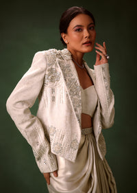 Silver Brocade Floral Embroidered Jacket With Drape Skirt Suit