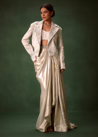 Silver Brocade Floral Embroidered Jacket With Drape Skirt Suit