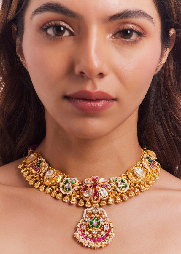 Gold Finish Kundan Polki And Multi Coloured Stone Choker Necklace Set