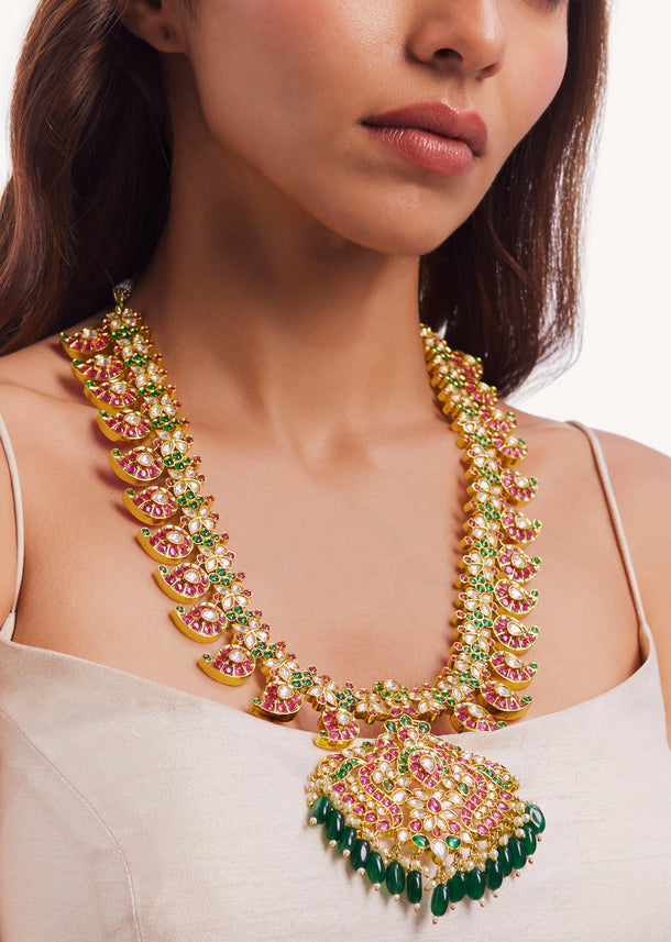 Gold Plated Pachi Kundan Long Necklace Set