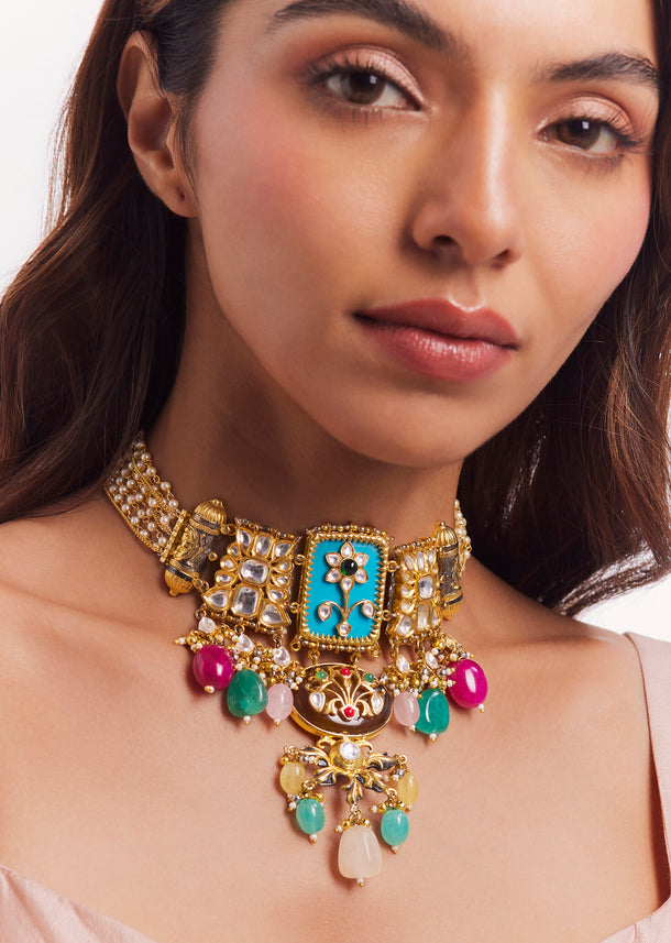 Gold Finish Kundan Polki Choker Necklace Set