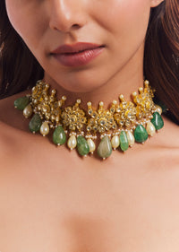 Gold Plated Kundan Polki Green Beads Bridal Choker Necklace Earrings Set