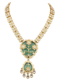 Mint Green And Gold Kundan Short Necklace Set With Stones