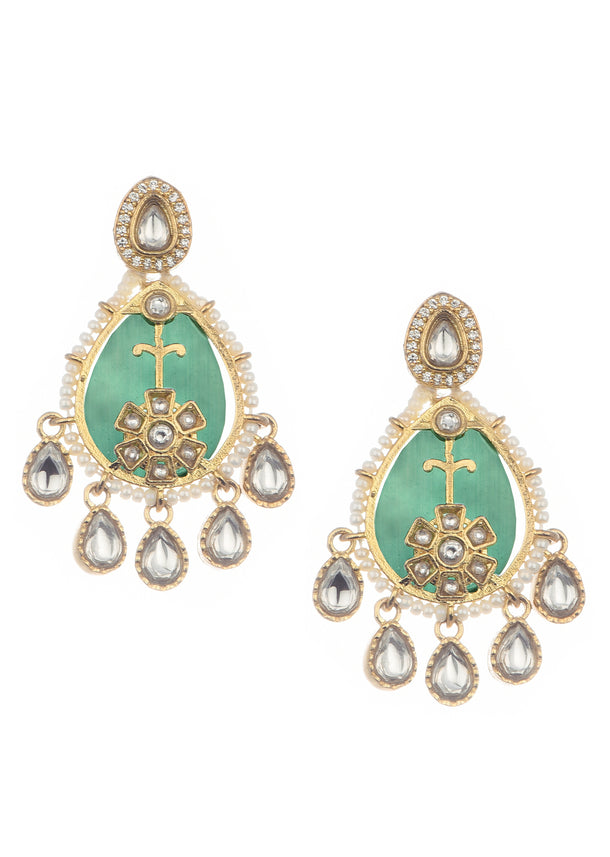 Mint Green And Gold Kundan Short Necklace Set With Stones