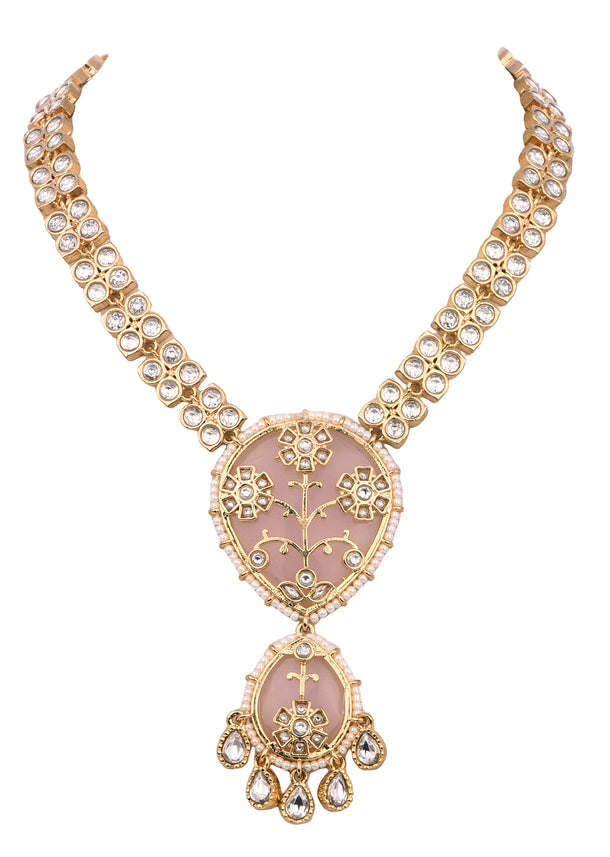 Pink And Gold Uncut Polki Short Necklace Set