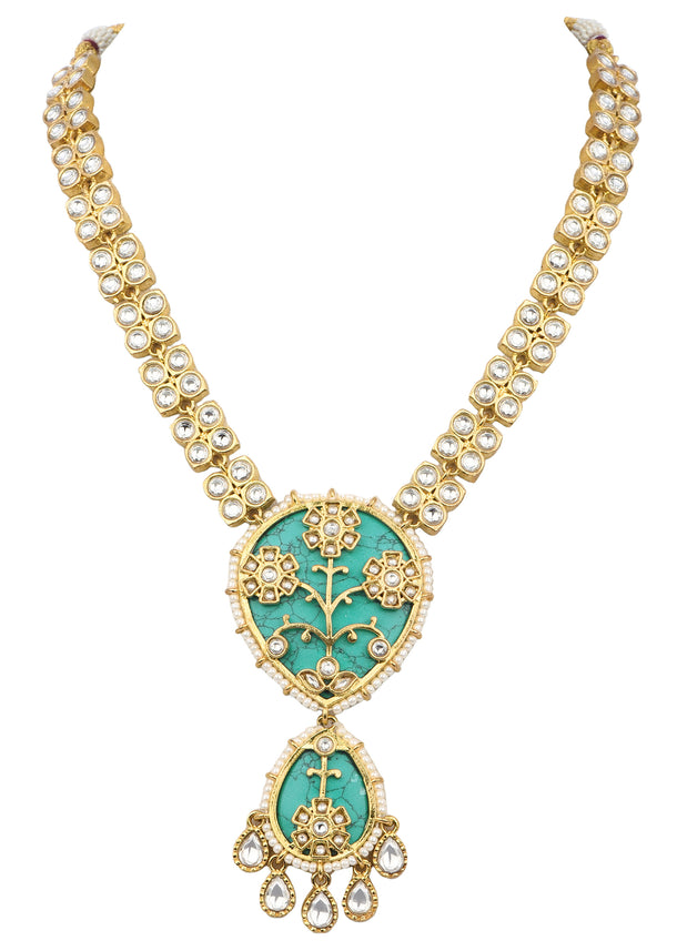 Turquoise And Gold Uncut Polki Necklace Set