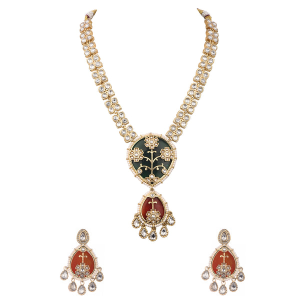 Green And Red Kundan Necklace Set With Stones