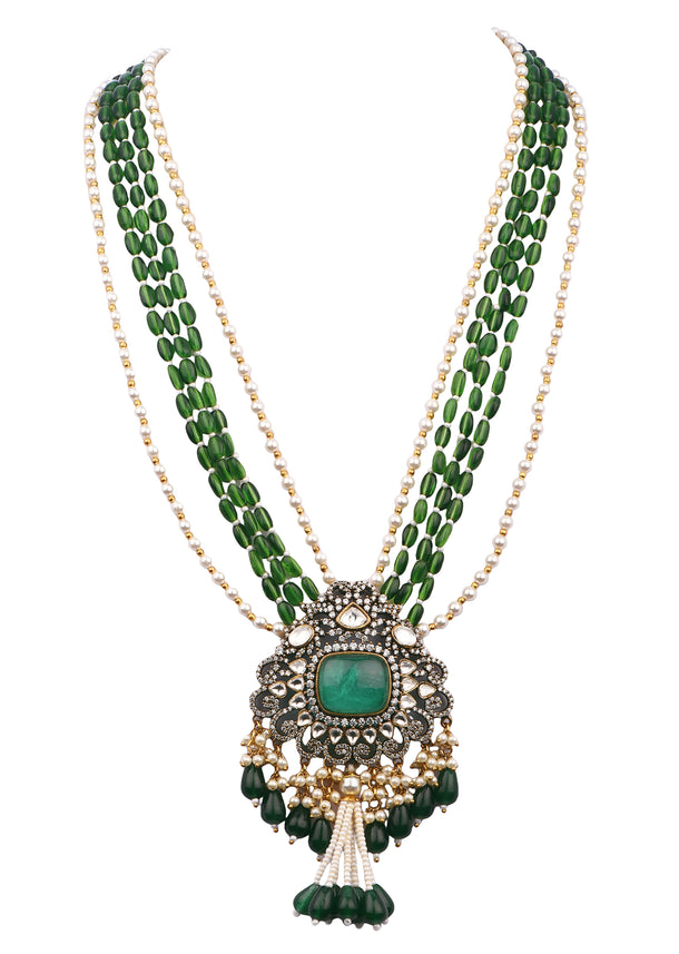 Green And Gold Uncut Polki Long Necklace Set