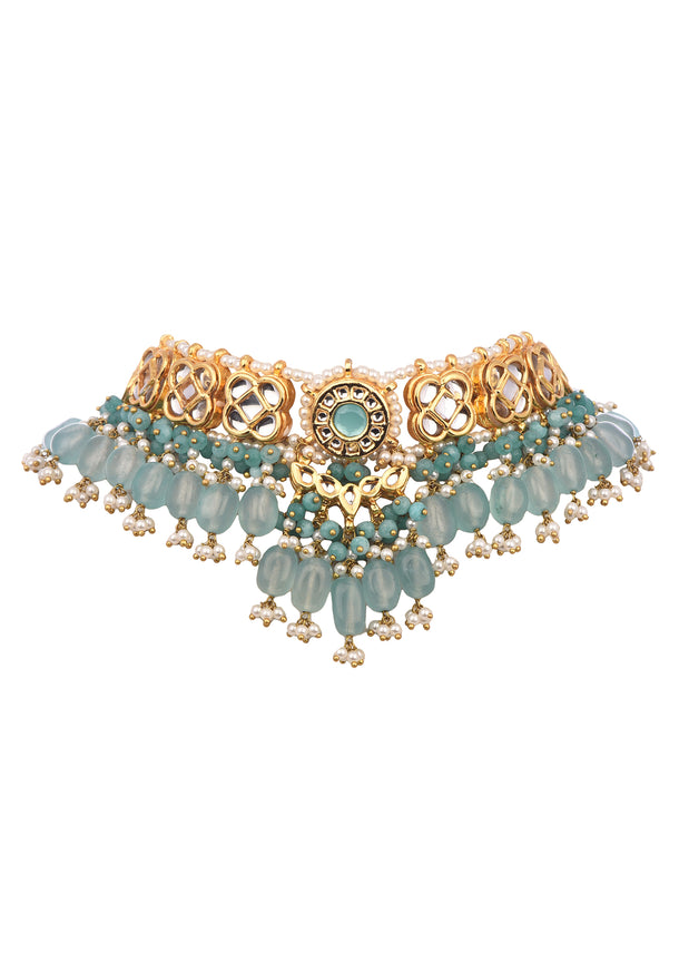 Blue And Gold Kundan Short Necklace Set With Stones