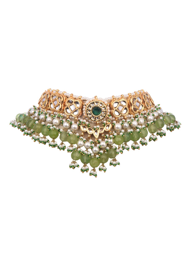 Mint Green And Gold Kundan Short Necklace Set In Mix Metal