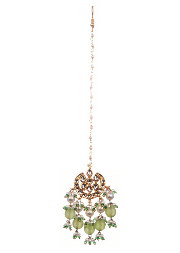 Mint Green And Gold Kundan Short Necklace Set In Mix Metal