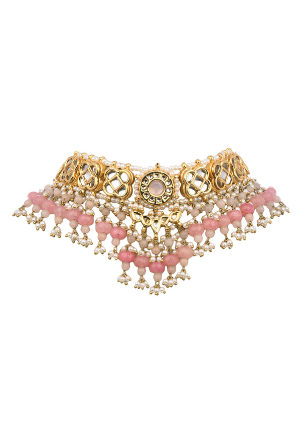 Pink And Gold Kundan Mix Metal Short Necklace Set