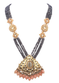 Gray And Gold Kundan Long Necklace Set In Mix Metal