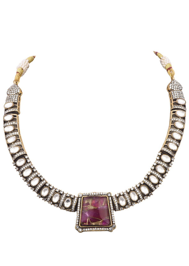 Silver And Pink Kundan Necklace Set With Stones