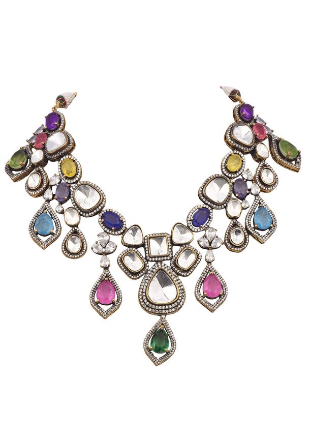 Multi Colour Uncut Polki Short Necklace Set With Stones