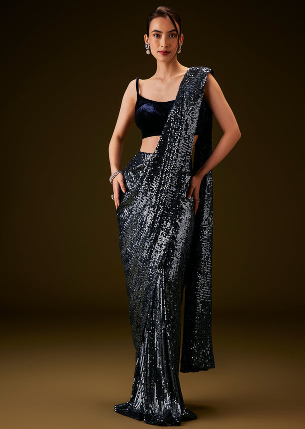 Navy Blue Sequin Velvet Saree