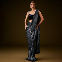 Navy Blue Sequin Velvet Saree