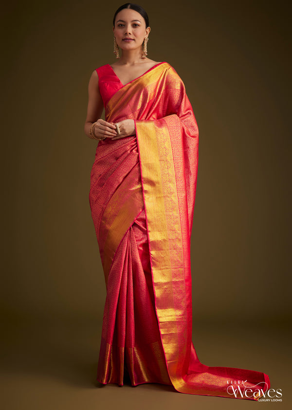 Rani Pink Kanjivaram Silk Saree With Golden Zari Detailing