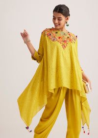 Yellow Silk Kurta Dhoti Set With Resham Embroidery And Tassel Details