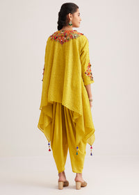 Yellow Silk Kurta Dhoti Set With Resham Embroidery And Tassel Details