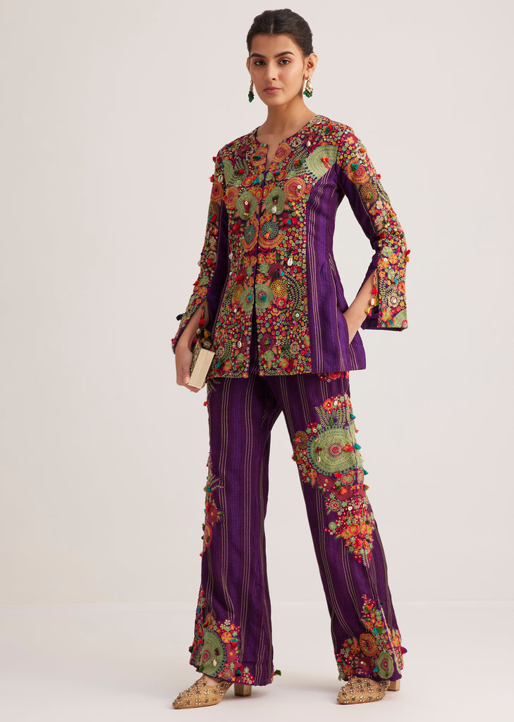 Purple Silk Kurta Palazzo Set With Resham And Zari Embroidery
