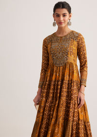 Mustard Yellow Silk Kurta With Indie Print