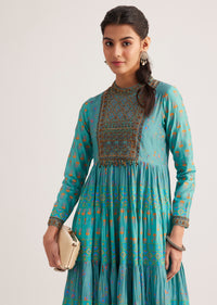 Turquoise Chanderi Kurta With Indie Print